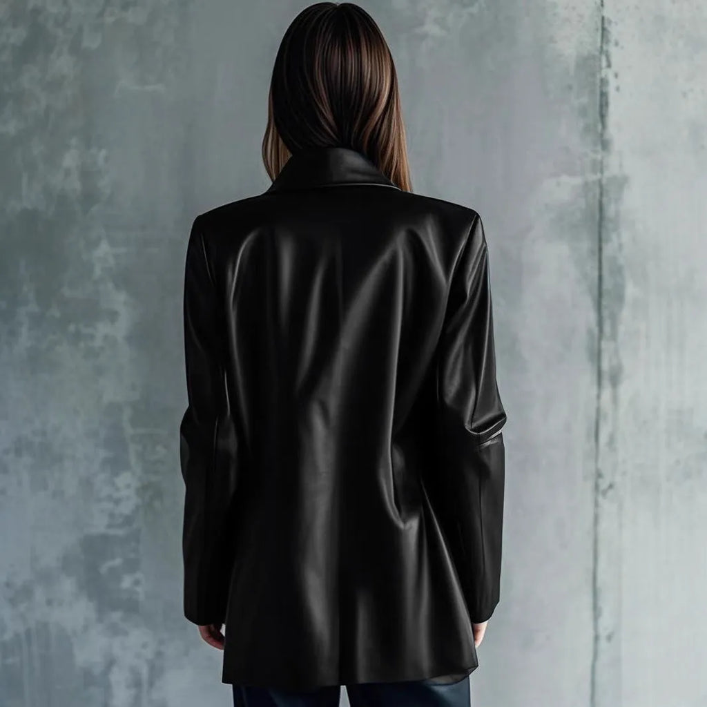 Women's black leather-style jacket with a medium 65cm length and long sleeves.