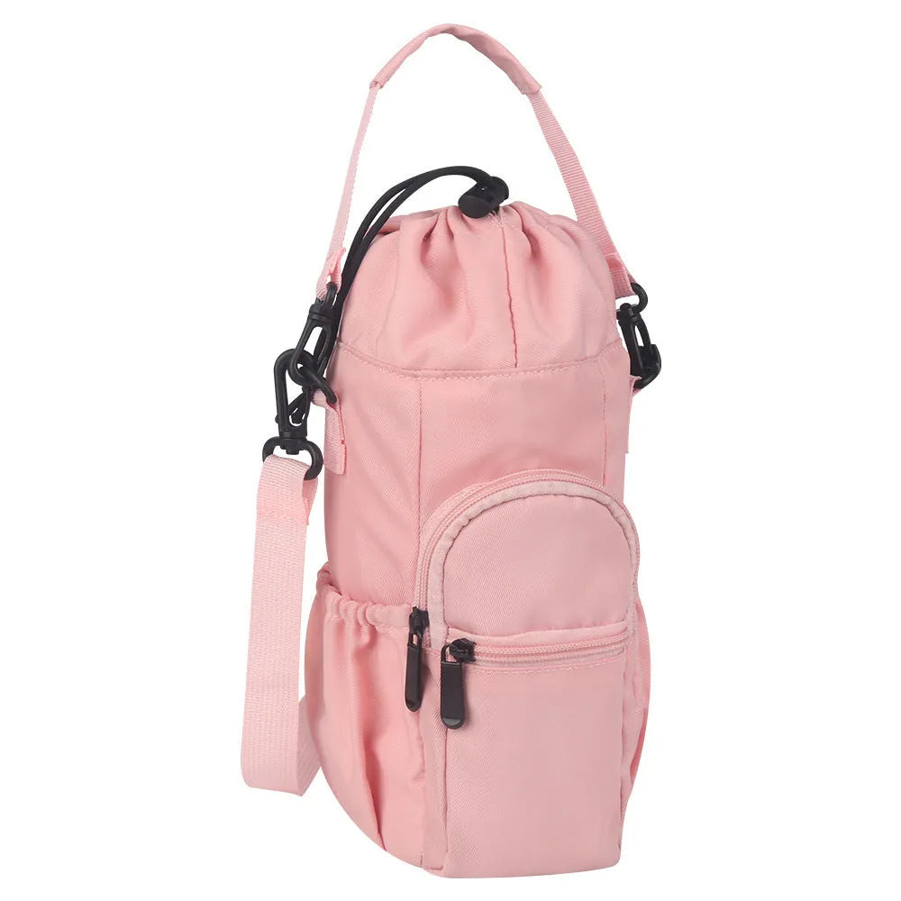 Canvas water bottle shoulder bag with crossbody strap in black, green, and pink colour options.