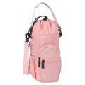 Canvas water bottle shoulder bag with crossbody strap in black, green, and pink colour options.