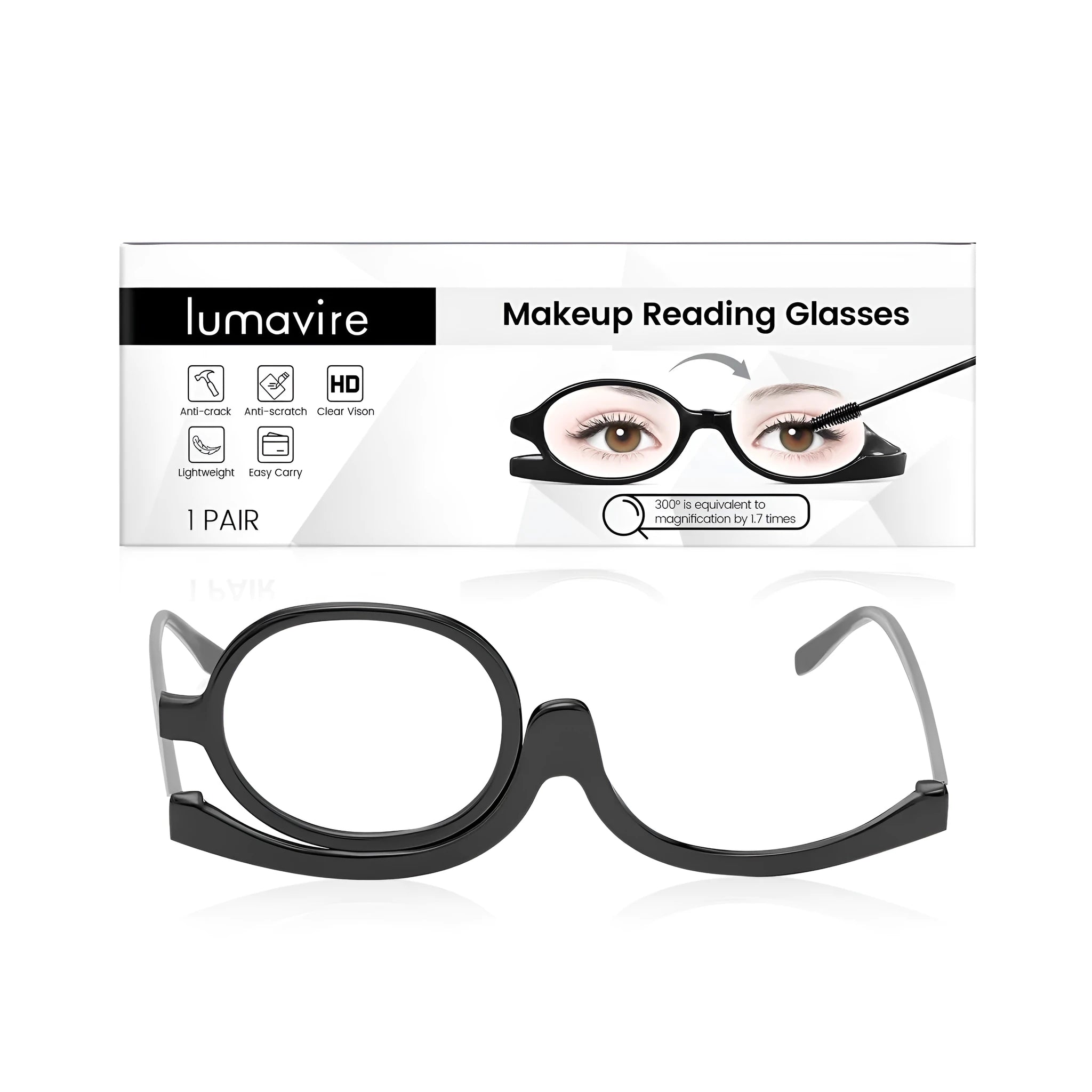 A pair of clear plastic reading glasses with a PC frame and acrylic lenses for presbyopia.