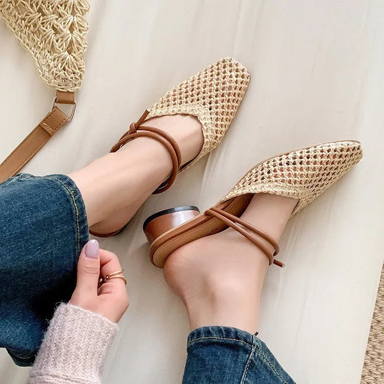 Women's black outdoor slippers with square toe box and chunky heels featuring breathable hollow-out design