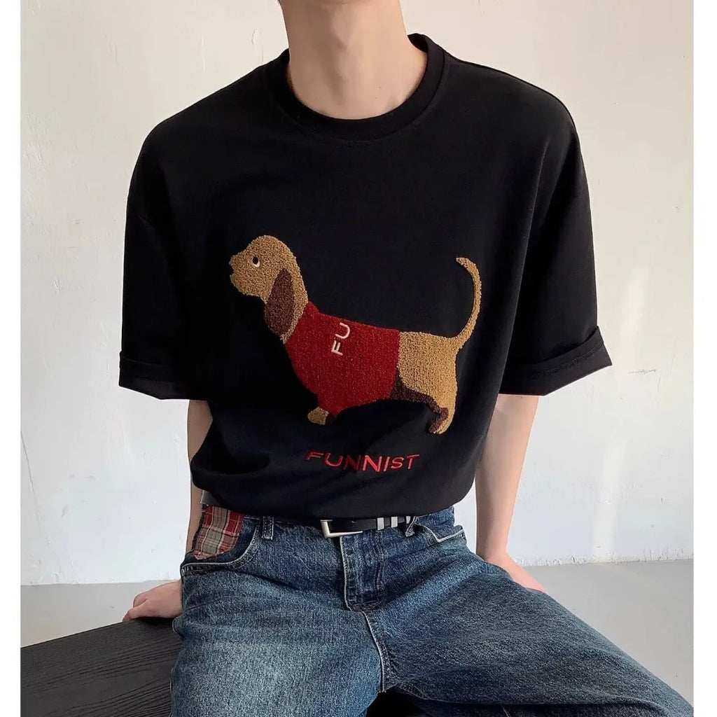 Men's grey cotton t-shirt with an embroidered black and white dachshund dog design on the chest.