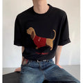 Men's grey cotton t-shirt with an embroidered black and white dachshund dog design on the chest.