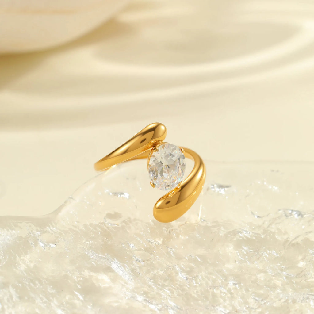 Geometric open mouth zircon ring showing adjustable design and electroplated finish