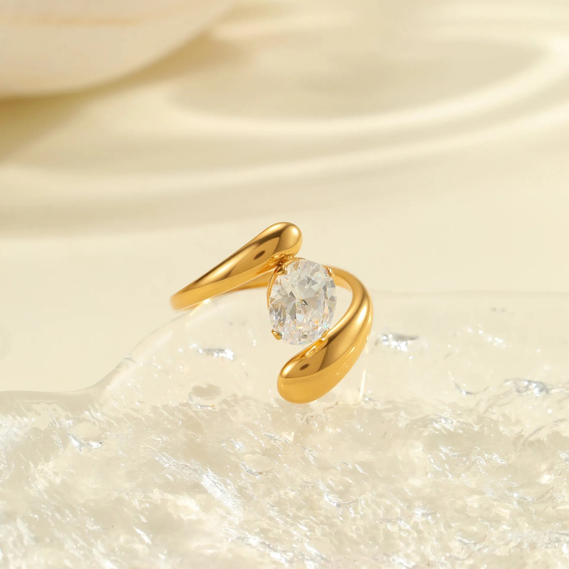 Geometric open mouth zircon ring showing adjustable design and electroplated finish