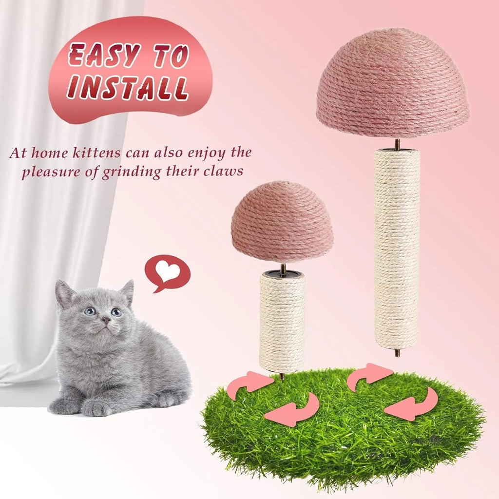 Pink mushroom-shaped cat scratching post with natural sisal scratching surfaces for small cats