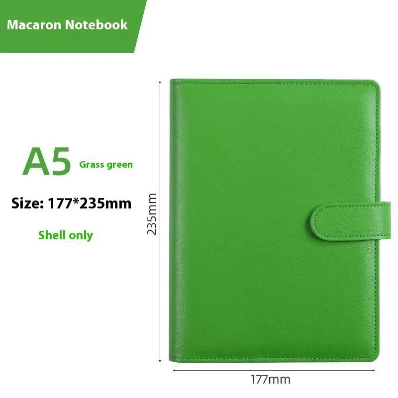 A5 PU leather zip-closure notebook shell in a solid colour, shown closed, for loose-leaf binders.