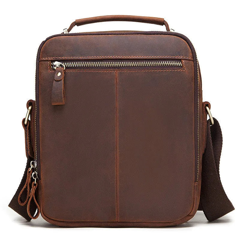 Men's vintage style leather crossbody bag in brown with visible stitching details