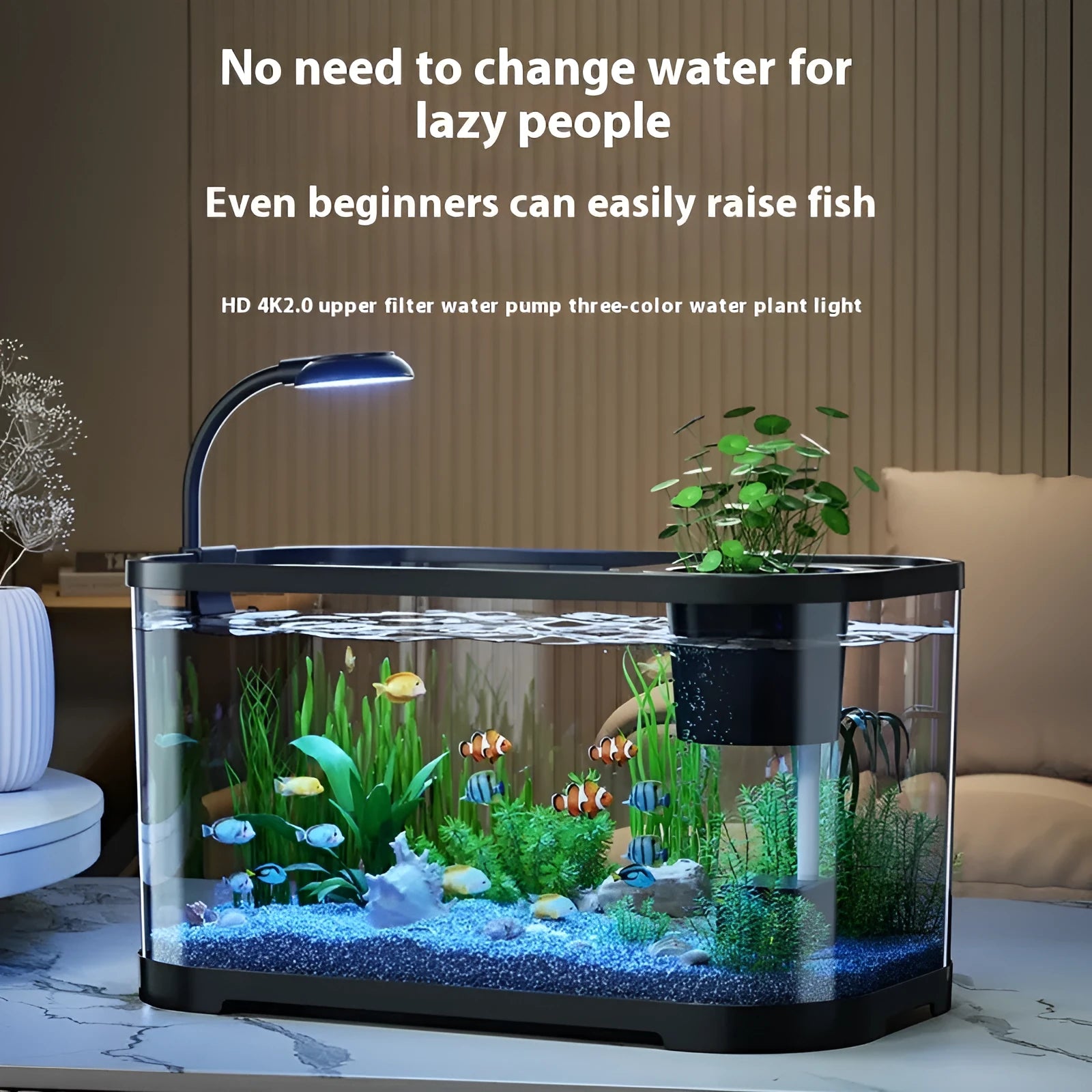 Desktop smart fish tank with integrated ecological filter and oxygen making function in luxury black colour