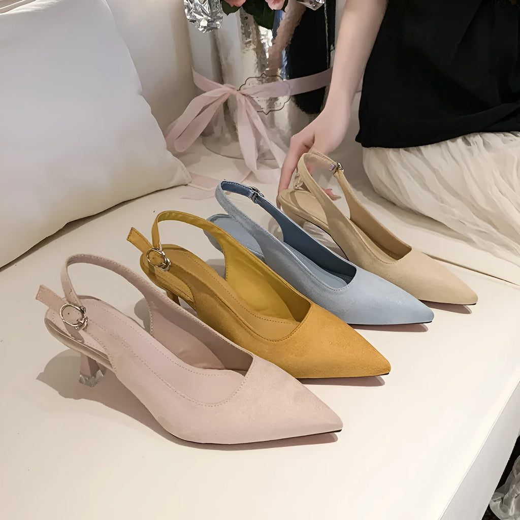 Women's pointed toe stiletto high heels in suede, shown in apricot, pink, sky blue, and yellow colours.