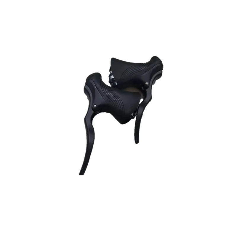 Pair of aluminium alloy road bicycle brake handles in black, showing clamp for handlebar.