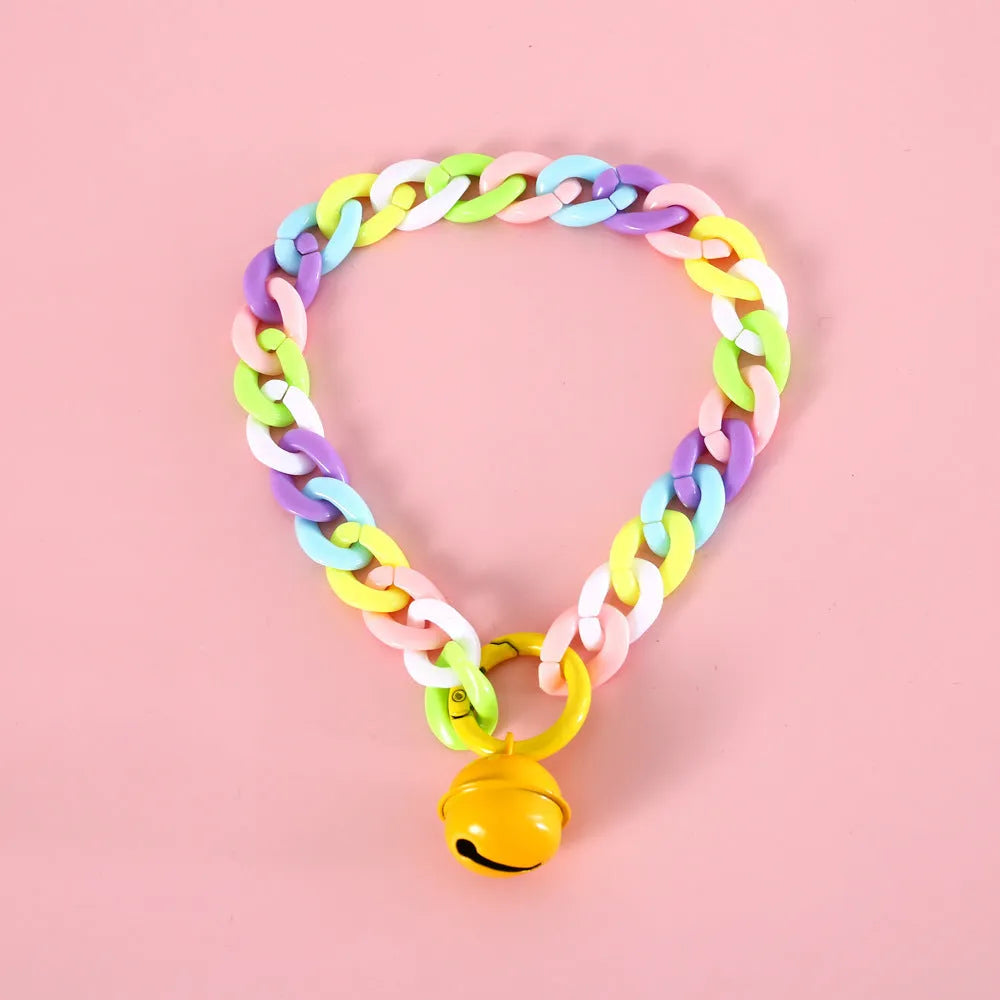 Macaron candy colour plastic chain collar for pets in blue, pink, and mixed colours with S and M size tags.