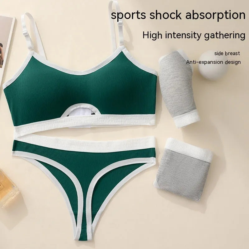 Women's contrast colour sports bra and briefs set with underwired tube top and thin moulded cups.