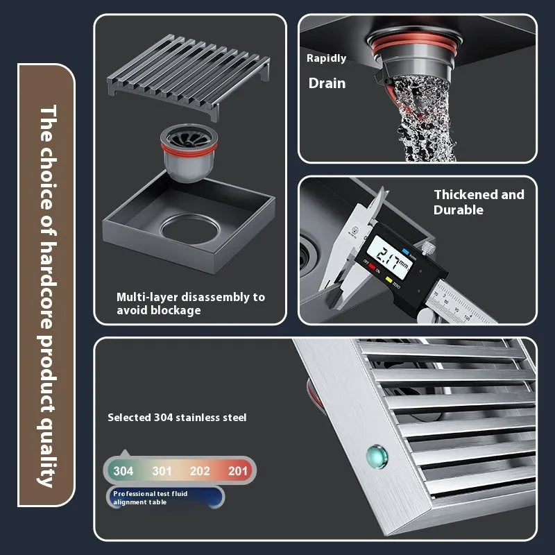 Gun grey 304 stainless steel courtyard floor drain with a square 15x15 cm design and ABS plastic core.