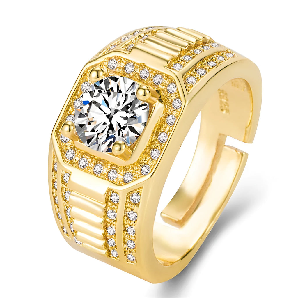 Copper men's ring with a large square diamond design and an adjustable band in gold colour.