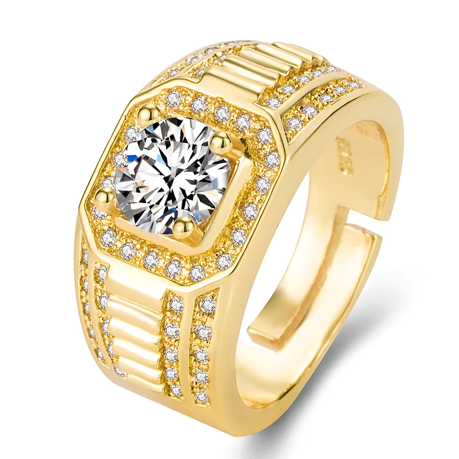 Copper men's ring with a large square diamond design and an adjustable band in gold colour.