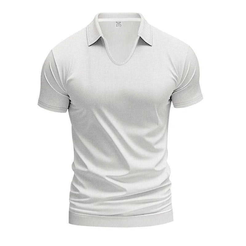 Men's loose fit V-neck short sleeve T-shirt in a light blue cotton blend fabric