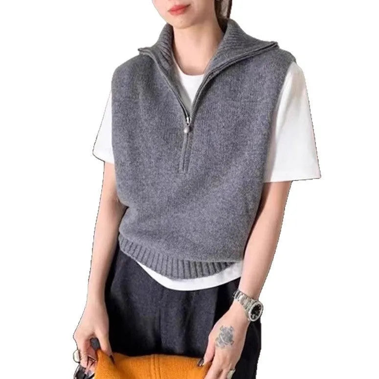 Retro half-zip sleeveless knit vest in mesh polyester fabric shown in a solid colour