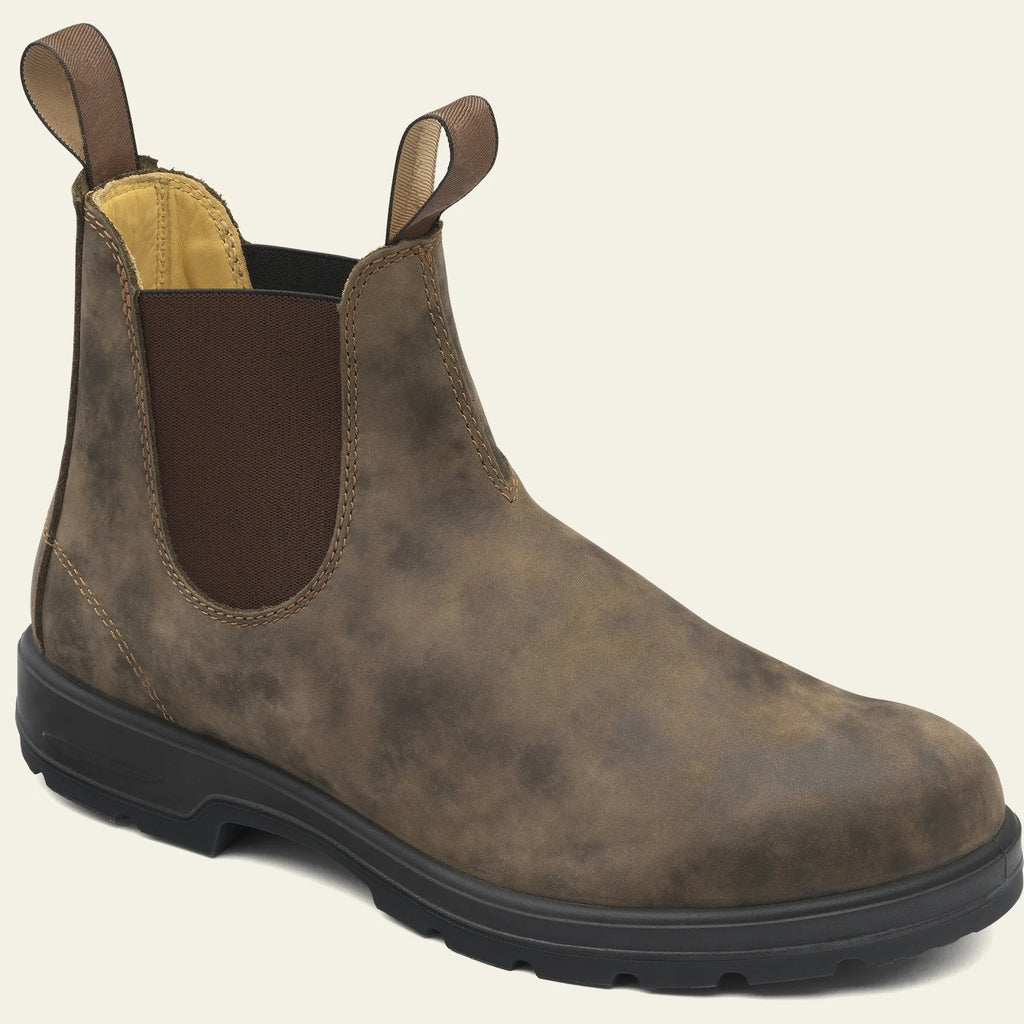 Vintage-style unisex Chelsea boot in frosted brown PU with car suture detail and a low horseshoe heel.