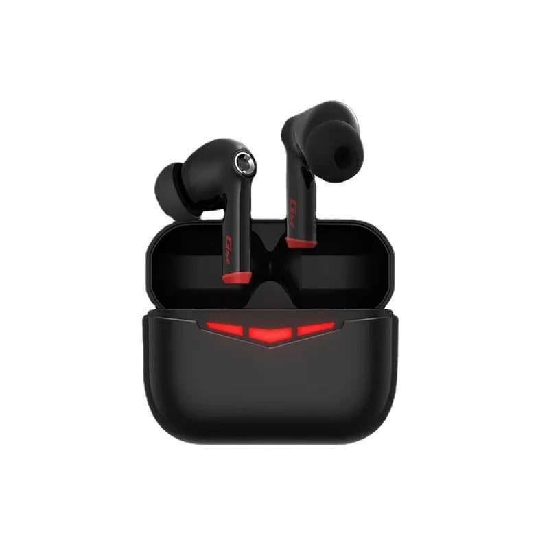 True wireless gaming Bluetooth headset earbuds in charging case with silicone ear tips.