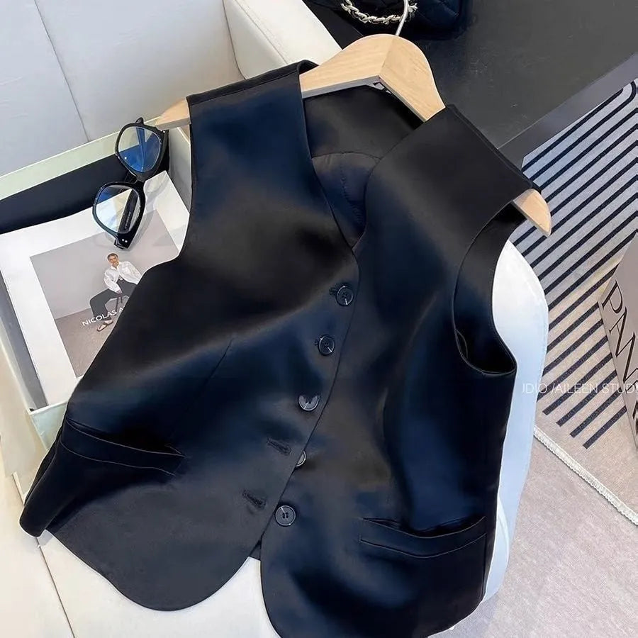 Black satin women's sleeveless vest with loose fit and normal length