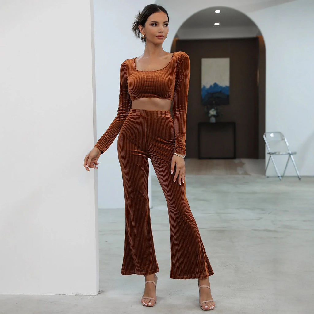 Caramel coloured women's long sleeve sweater and jogger lounge set laid flat.