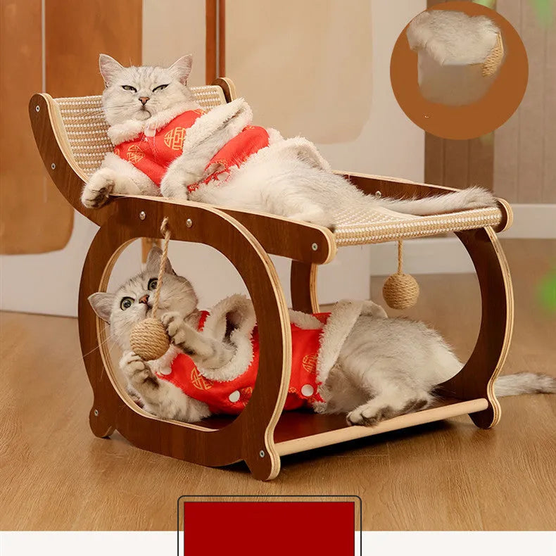 Solid wood cat scratching mat with sisal surface and integrated lounging bed in walnut colour finish
