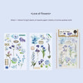 Huazhisen Series sticker material pack showing forest label designs on transfer paper and cotton linen sheets