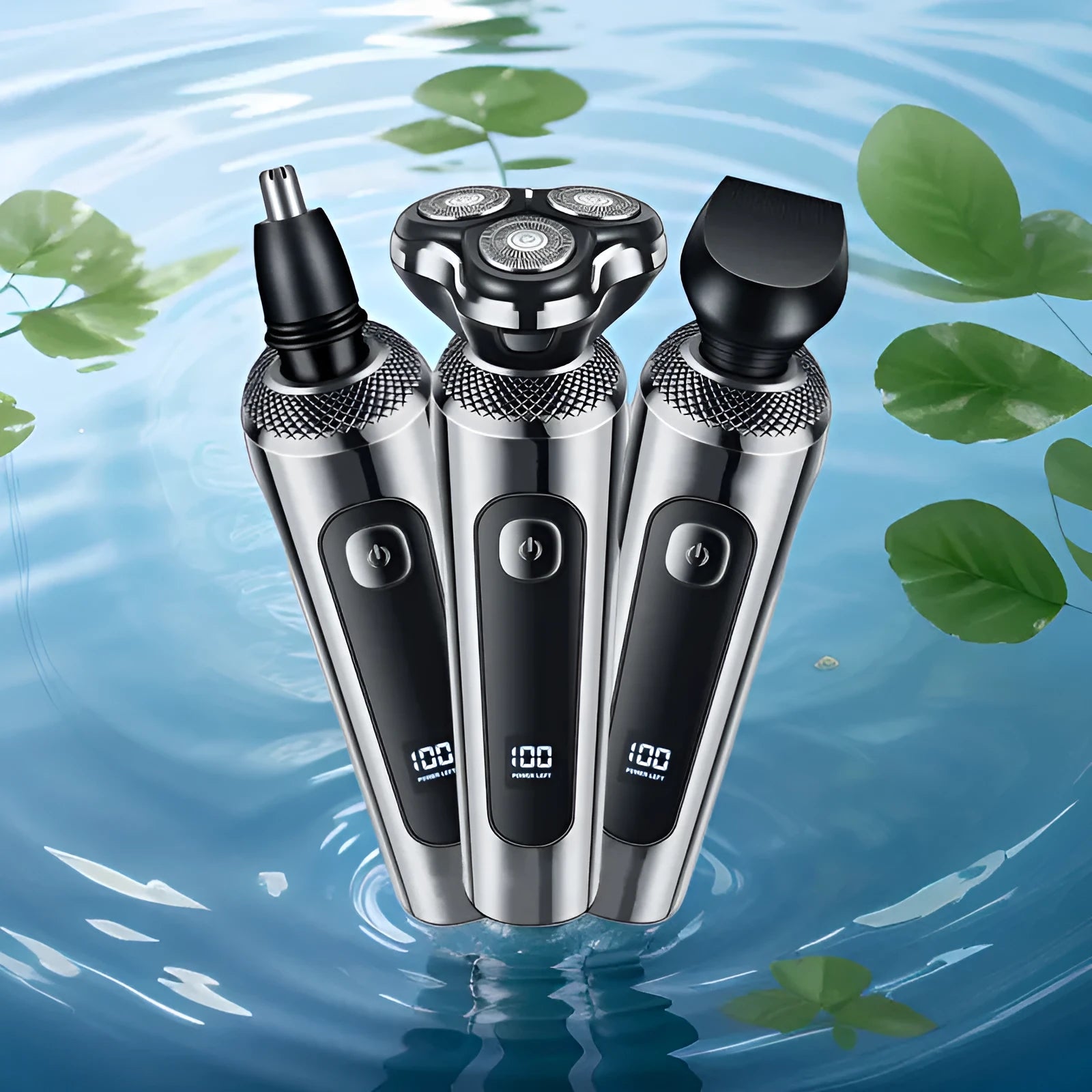 Digital USB rechargeable beard scraper with five-in-one base bracket and LED display.