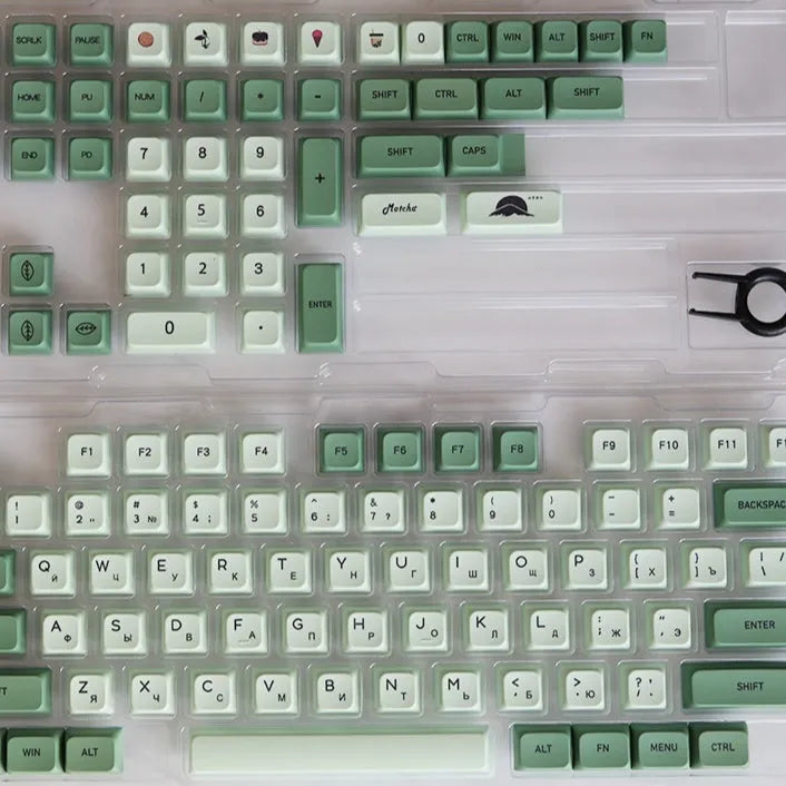 Matcha green PBT keycap set with 124 keys for mechanical keyboards, showing sublimation dye legends.