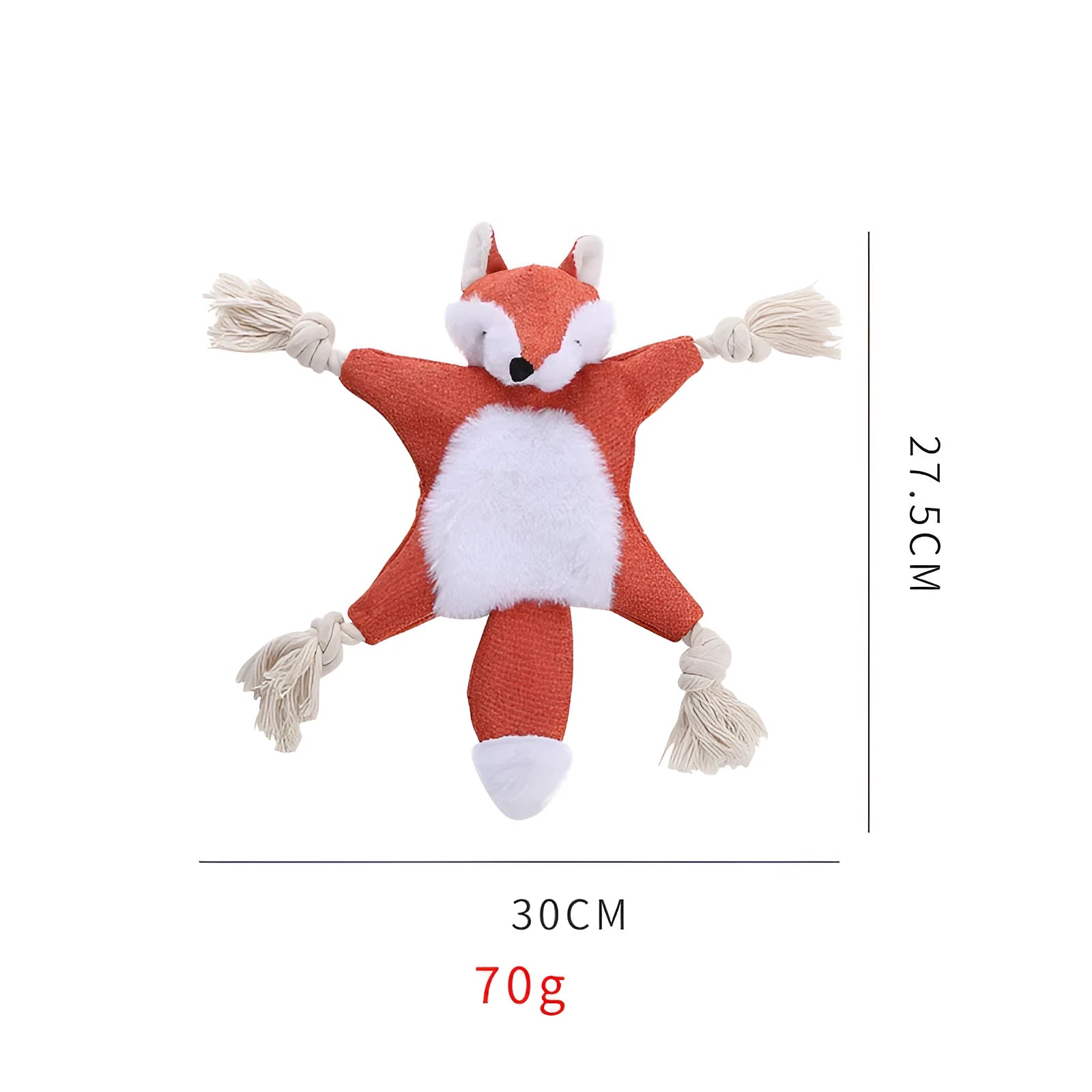 Brown fox plush dog toy with rope arms and legs, embroidered eyes, and a squeaker.