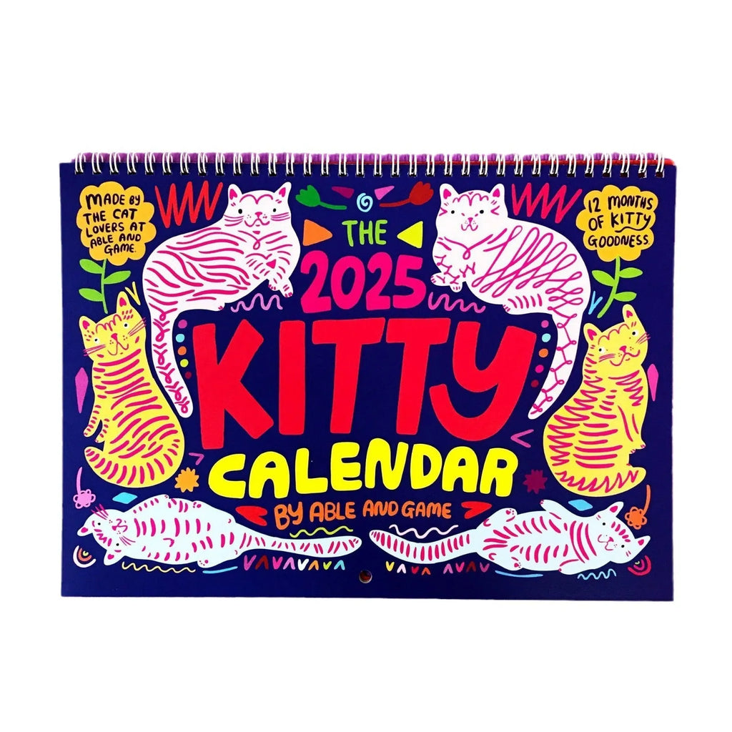 A portrait-format paper wall calendar featuring cat imagery, available for the 2024 or 2025 year.