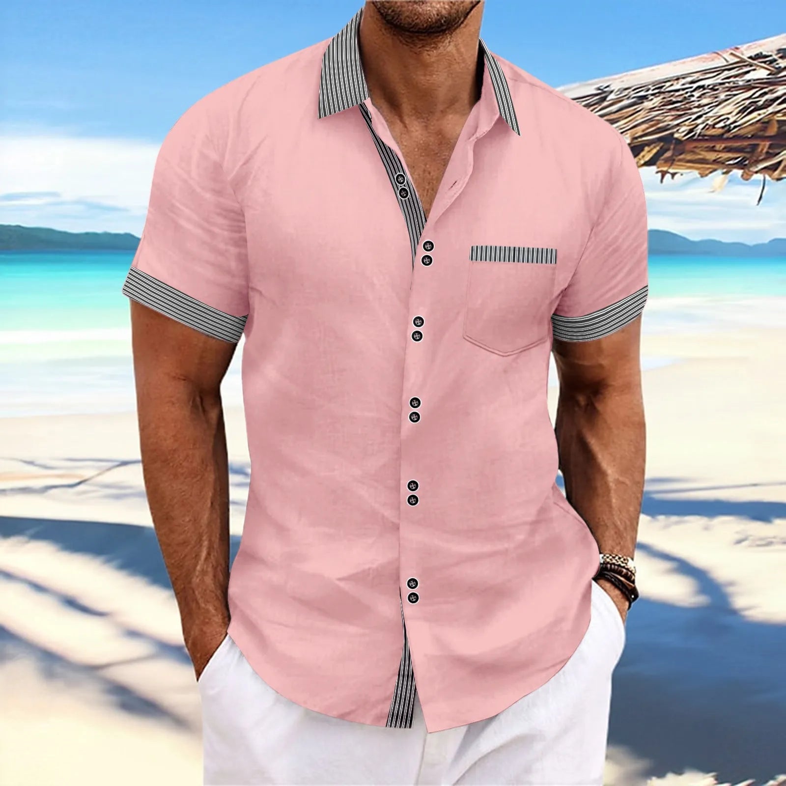 Men's pure cotton slim fit striped short sleeve casual shirt with double button design