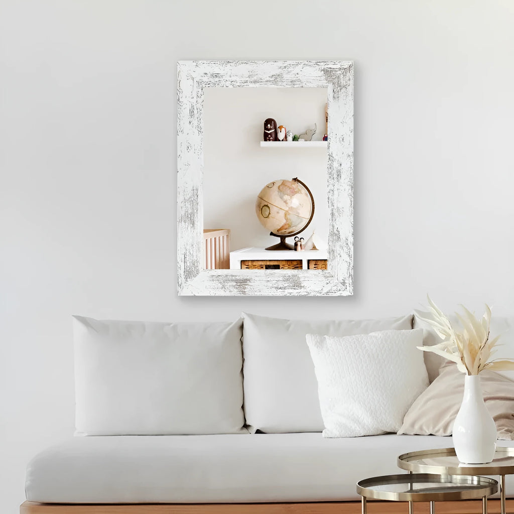 Wall-mounted bathroom mirror with retro Chinese style frame in white, available in two size options