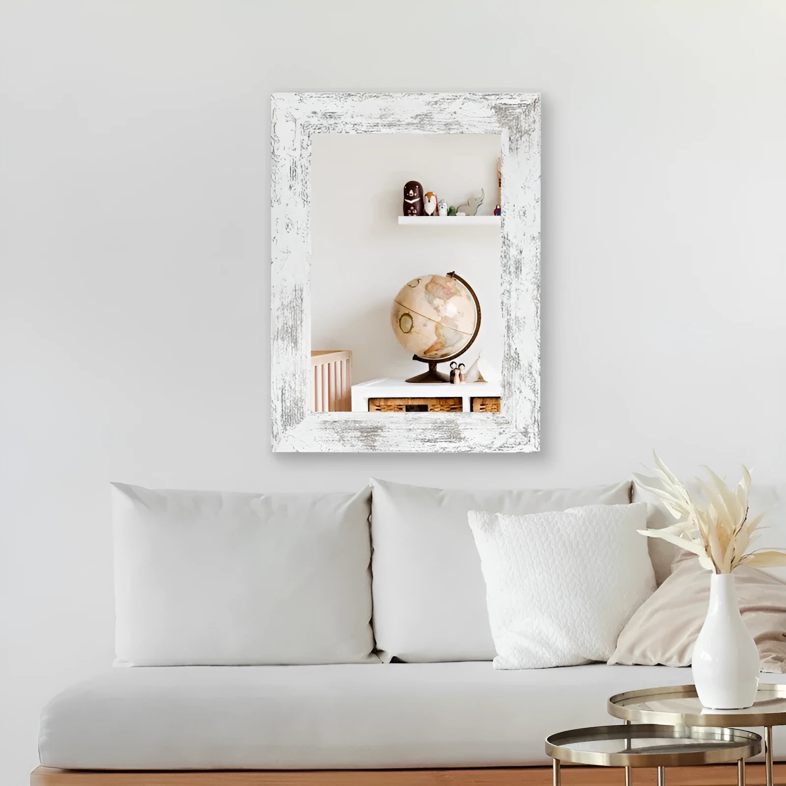 Wall-mounted bathroom mirror with retro Chinese style frame in white, available in two size options