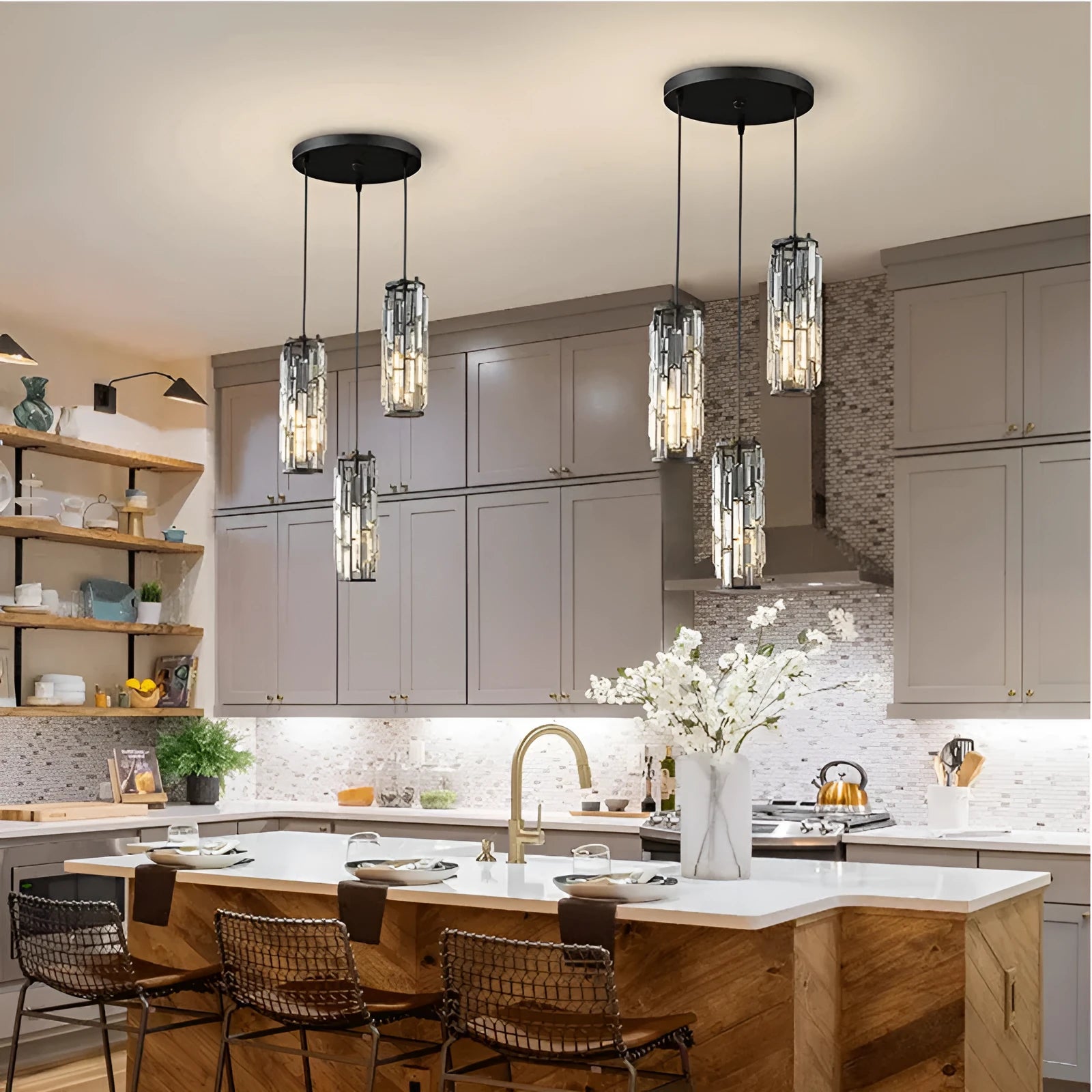 Single head LED crystal droplight in industrial style with metallic finish