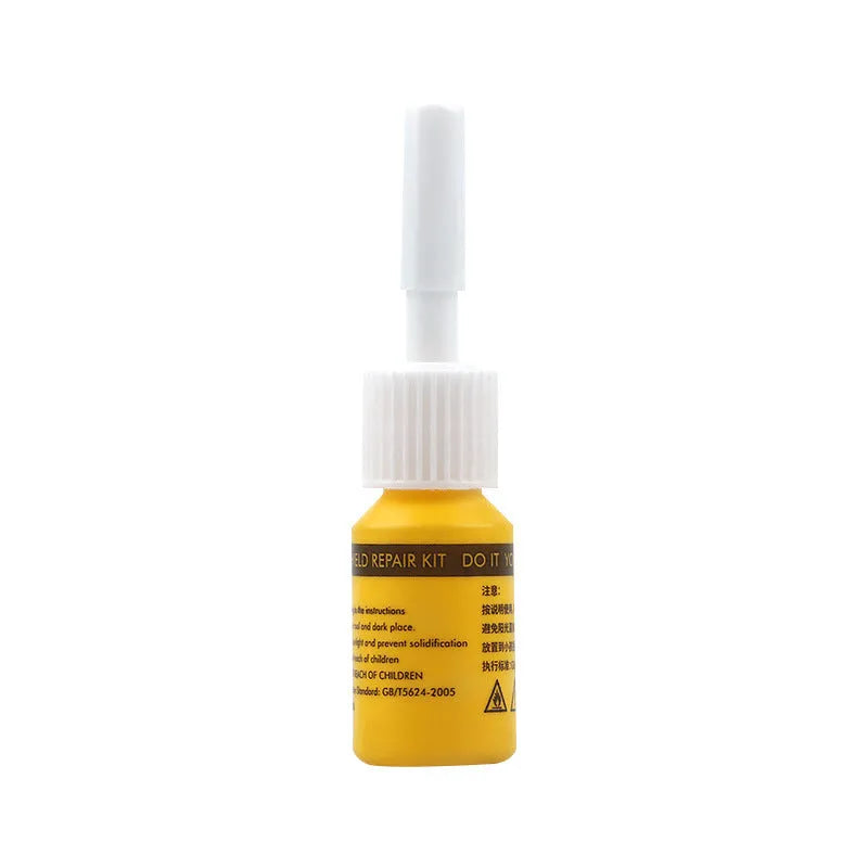 Yellow three-piece car windshield repair agent tool set on a white background.