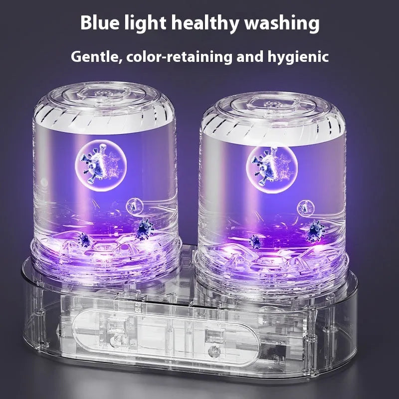 White double bucket mini underwear washing machine with USB cable and mechanical controls.