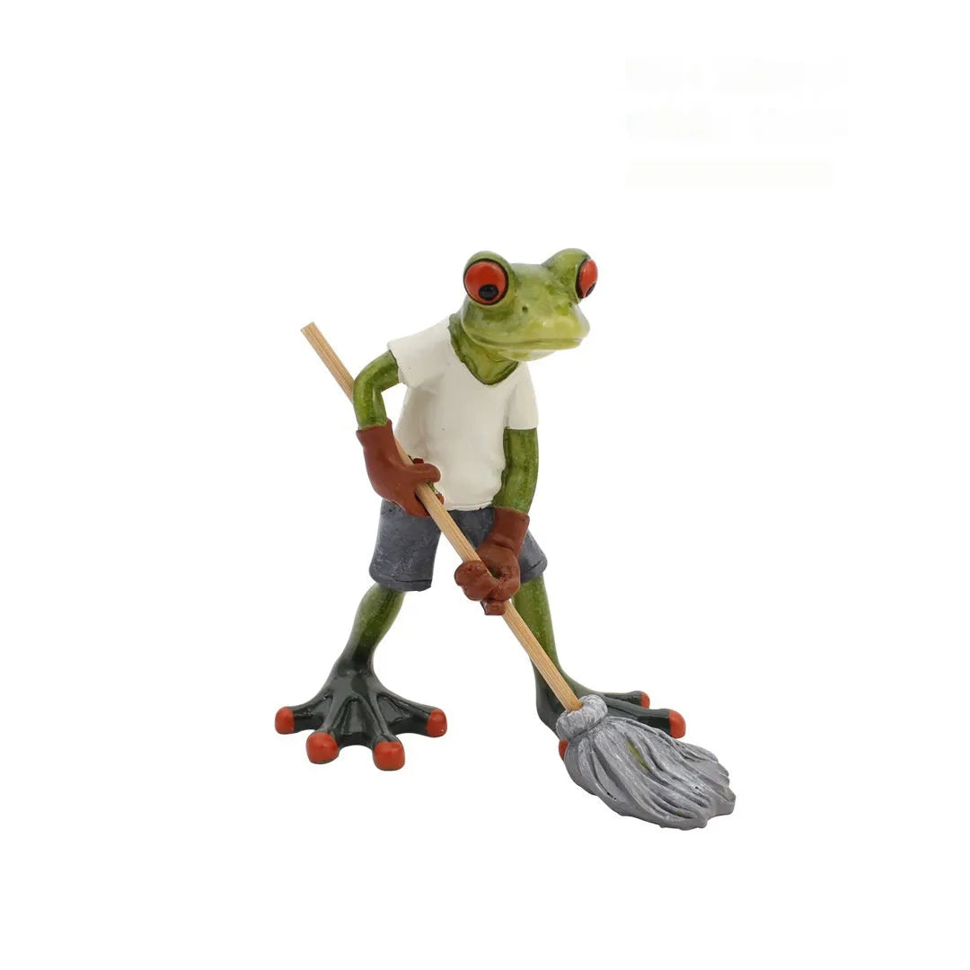 Pastoral style synthetic resin frog figurine home decoration on a wooden surface.