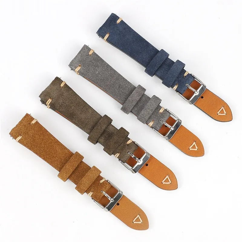 Brown genuine suede leather watch strap with small waist design on a wrist.