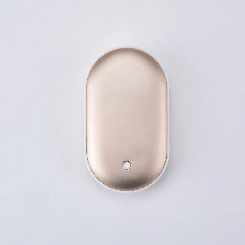 Compact rechargeable hand warmer and power bank with digital display in assorted colours.