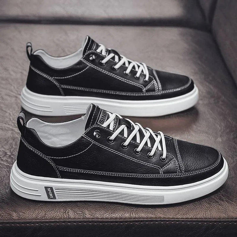 Men's white casual shoes with PU leather upper, round toe and shallow opening