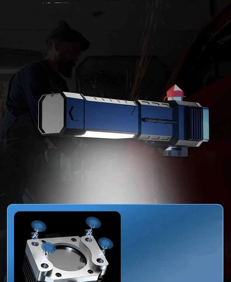 Silver coloured plastic IP44 waterproof power bank flashlight with strong LED light for outdoor use.