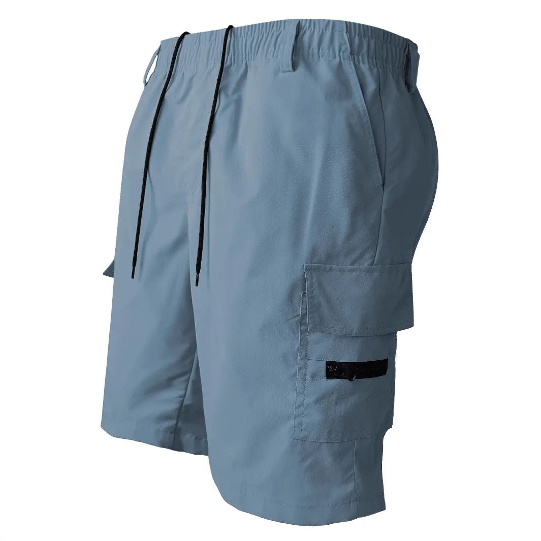 Straight leg sports shorts in loose American casual style available in black, blue, green, or khaki