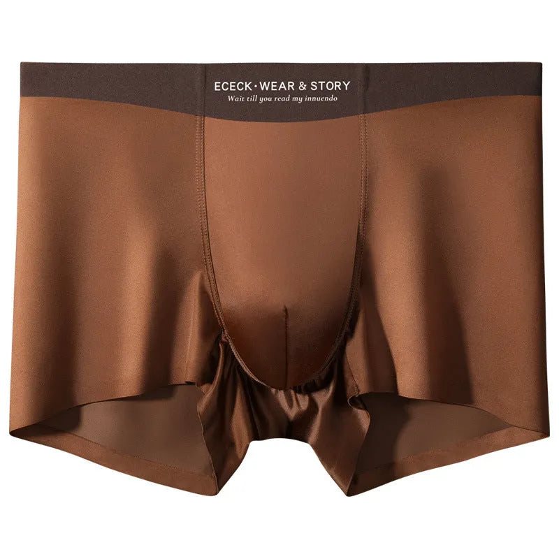 Men's colourblock ice silk seamless underwear in blue, brown, grey, and white colour options.