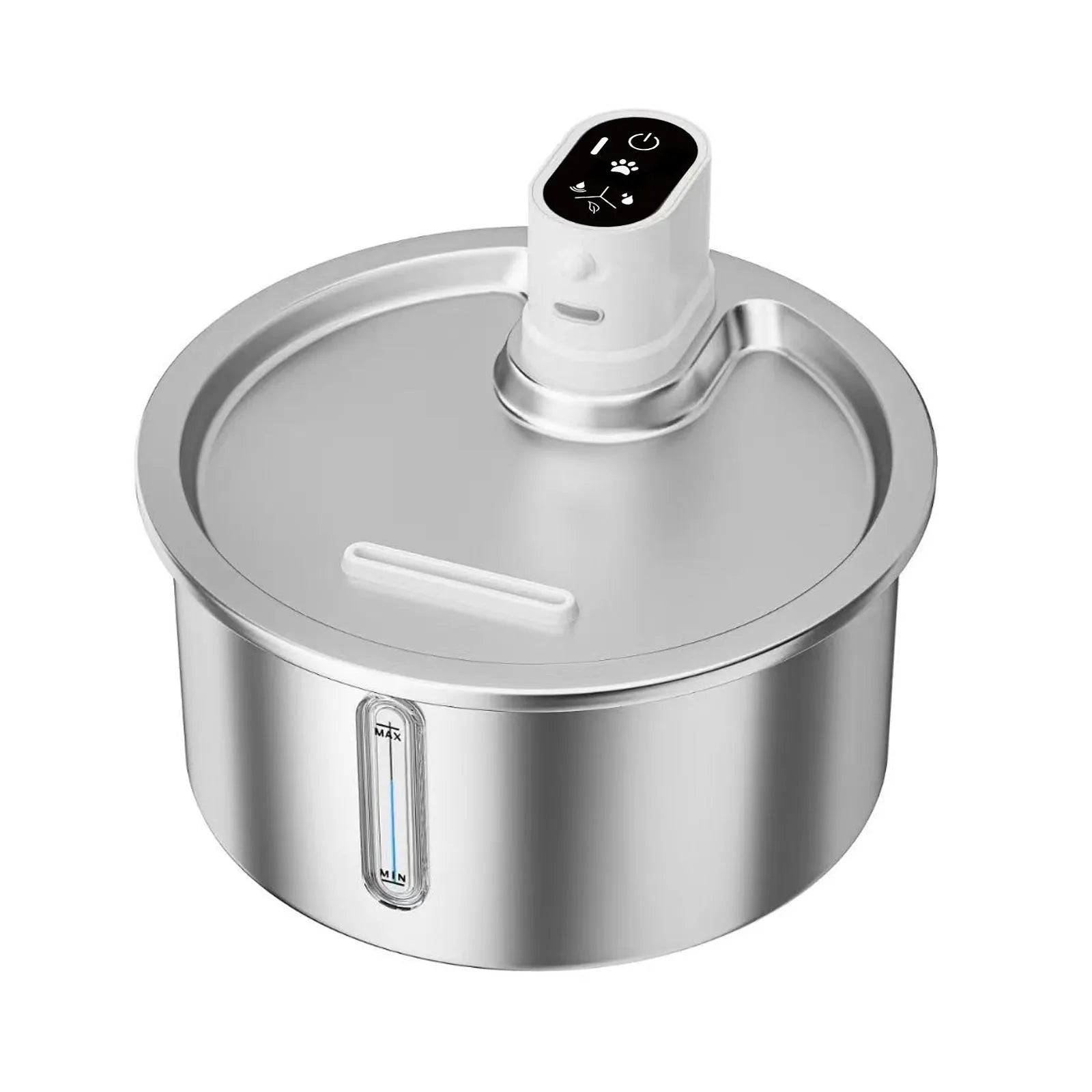 Stainless steel pet water fountain with heated base on a nine-gear setting.