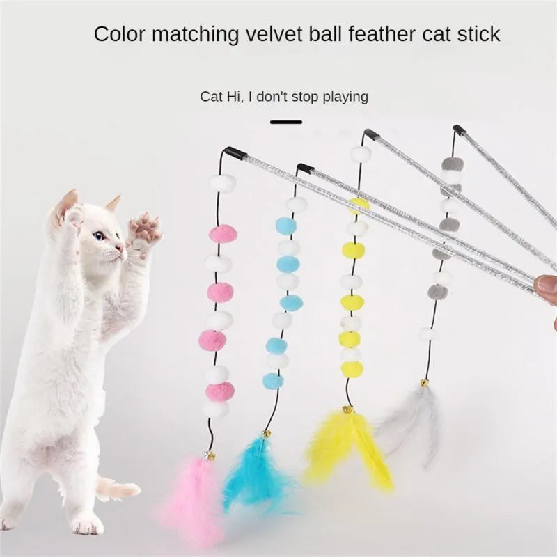 Grey, yellow and blue cat teaser rod with feathers, bell and acrylic pompons