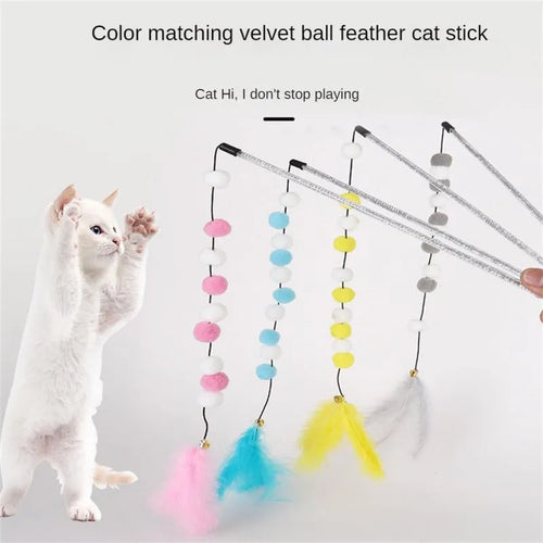 Grey, yellow and blue cat teaser rod with feathers, bell and acrylic pompons