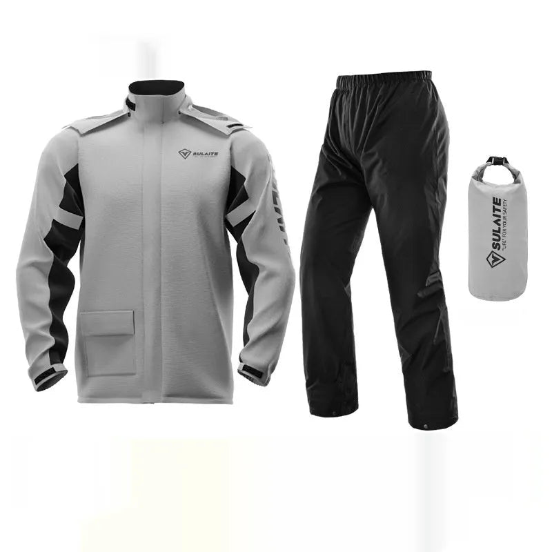Motorcycle rain suit set showing split raincoat, rain pants, hidden shoe covers, and storage bag.