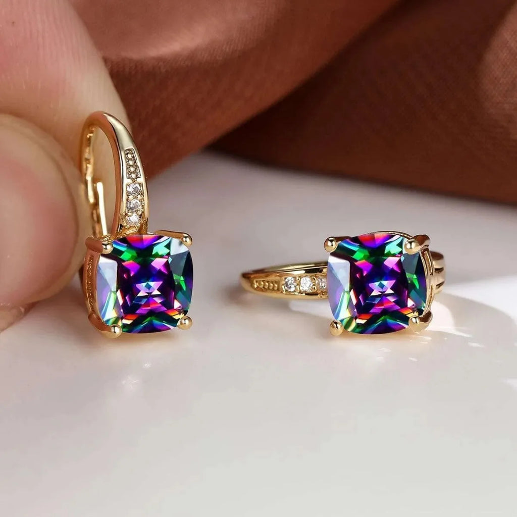 Square geometric ear clip earrings with colourful moissanite inlay on gold electroplated finish